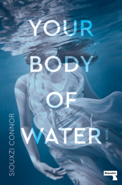 Seen from underwater, a woman in a white dress floats in the sea underneath the title "Your Body of Water"