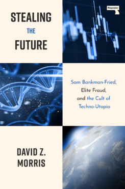Cover of "Stealing the Future", showing financial graphs, a DNA sequence and a view of the earth from space